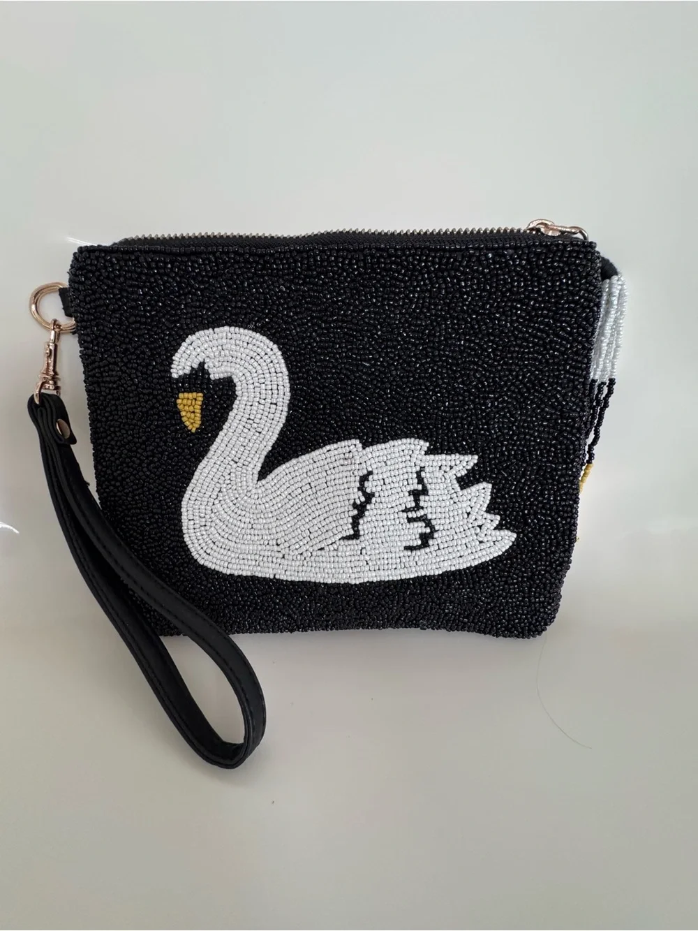 Sincerely Jules Swan Beaded Wristlet Clutch Black White Statement Evening Bag